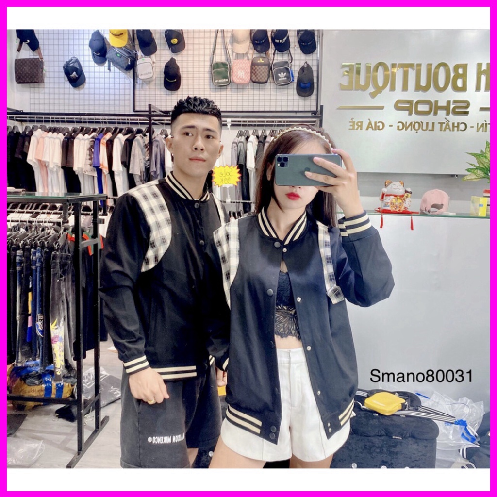 Áo khoác bomber nỉ kẻ lưng caro from dáng unisex phù hợp cả nam nữ. wkshop