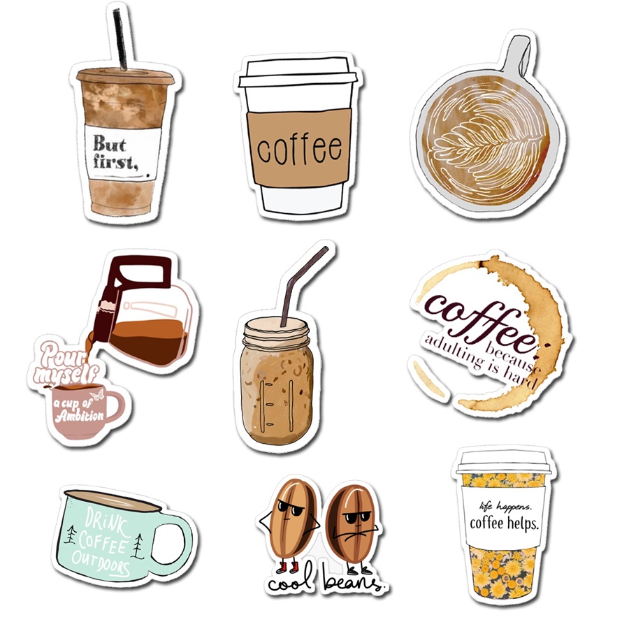 Bộ sticker chống thấm nước trang trí mũ bảo hiểm, đàn, guitar, ukulele, điện thoại laptop chủ đề coffee cafe