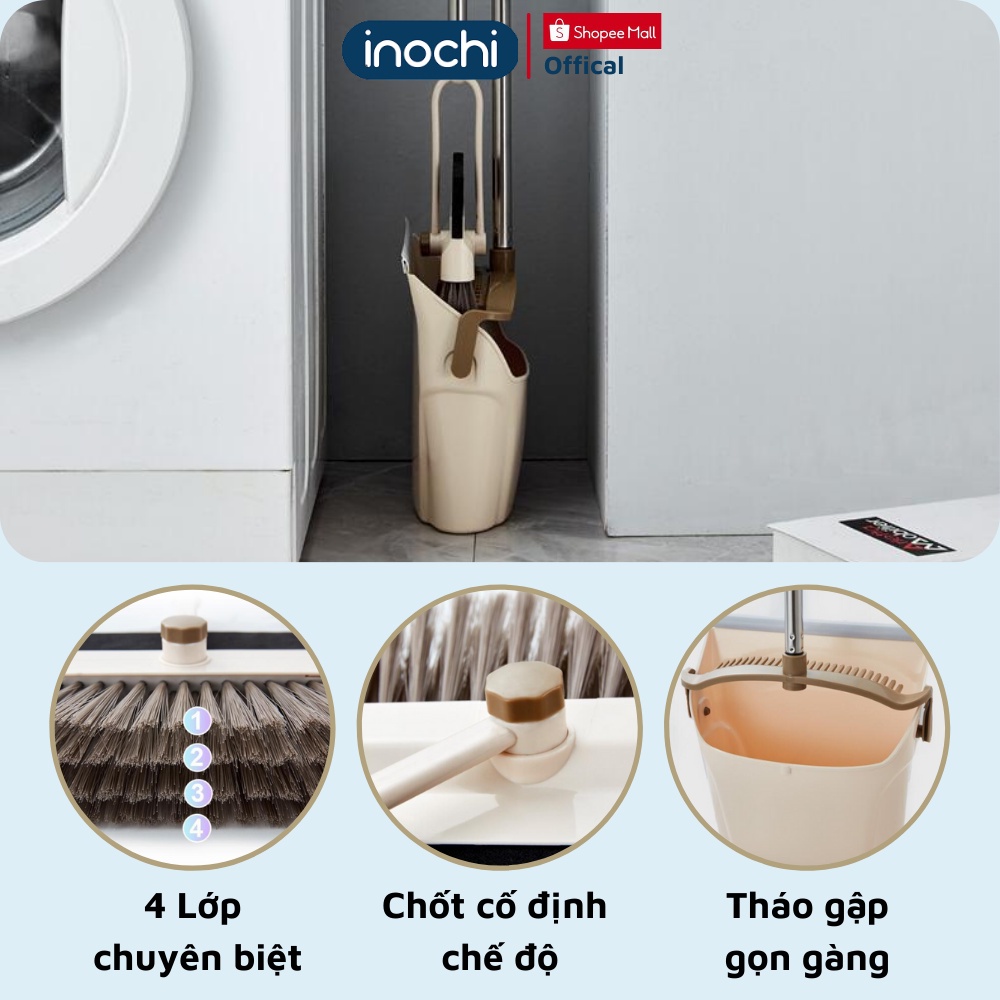 Chổi nhựa quét nhà thông minh Inochi cán inox xoay 180 độ 2in1 kèm hót rác cán dài gấp gọn tiện dụng