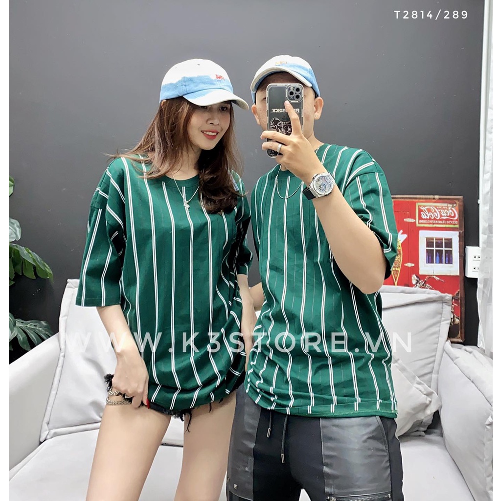 Áo thun cặp tay ngắn cổ tròn chất cotton co dãn 4 chiều, áo thun đôi nam nữ sọc dọc xanh in hình gấu K3ĐỒ ĐÔI T2814