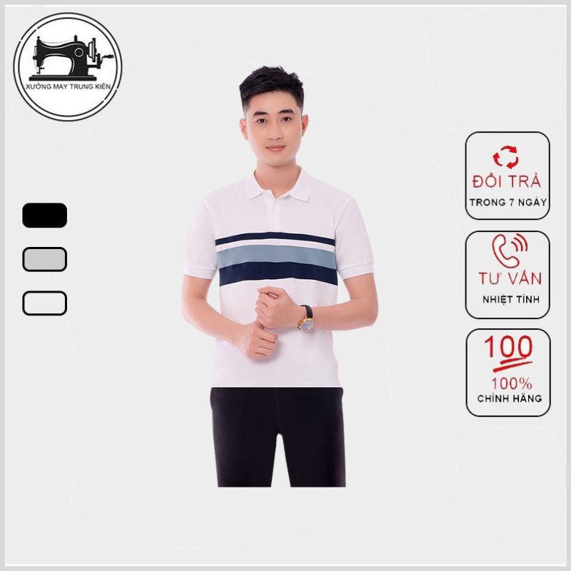 Áo Polo Nam Cổ Bẻ Sọc Ngang Ngực Phối Màu Trắng Xanh Chất Liệu Cá Sấu Cotton Xuất Xịn - AC153