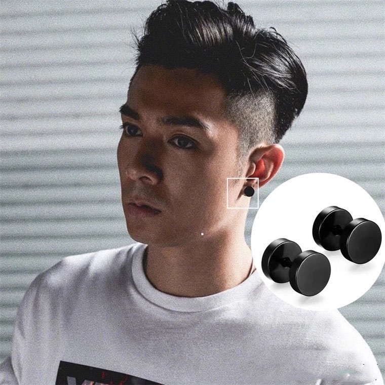 1 Khuyên tai hình quả tạ dạng vặn bằng thép titan đen phong cách hip hop đường phố cá tính sang trọng dành cho nam nữ