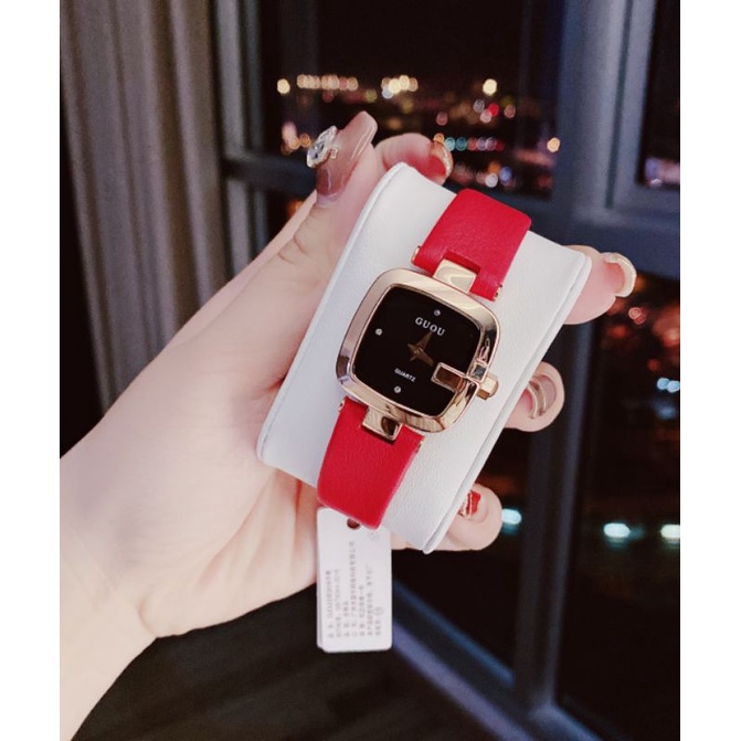 Đồng Hồ Nữ Mike M269 mặt vuông dây da đỏ độc đáo, hàng chính hãng fullbox