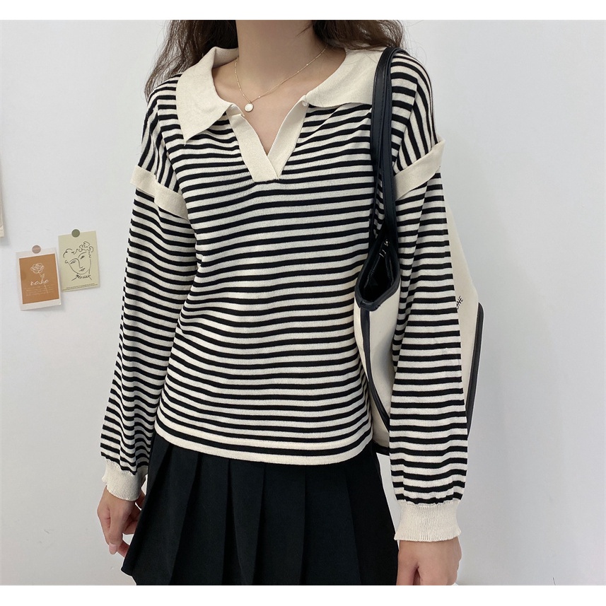 SUXI Áo Dệt Kim Tay Dài Dáng Rộng Kẻ Sọc Kiểu Hàn Quốc Thời Trang Mùa Thu Cho Nữ
