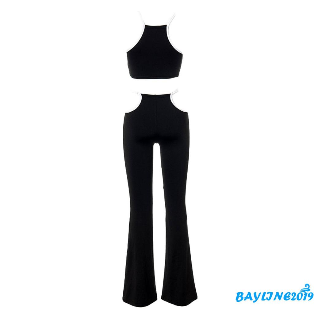 Set Đồ 2 Món Gồm Áo Crop Top Không Tay Và Quần Lưng Cao Ống Rộng Khoét Lỗ Màu Đen Cho Nữ