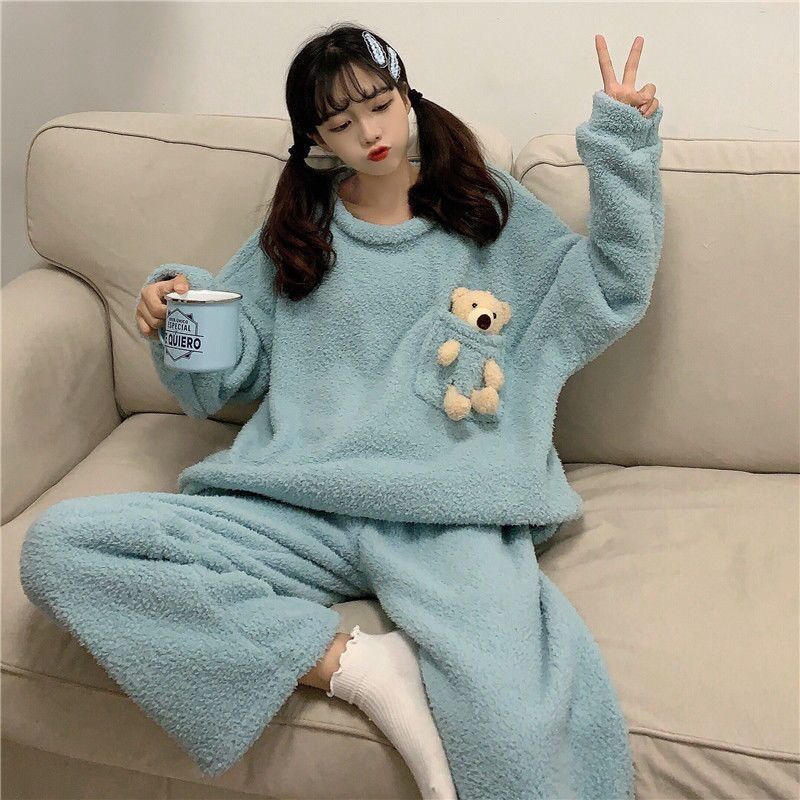 ❤️❤️Bộ Đồ Ngủ Tay Dài Chất Nỉ Dày Dặn In Họa Tiết Hoạt Hình Dễ Thương Thời Trang Thu Đông Cho Nữ