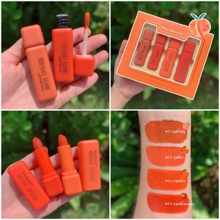 Set son Kiss Beauty Matte Đào 4 cây, 2 son kem 2 son thỏi