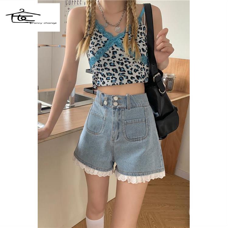 Quần Short Jean Lưng Cao Viền Ren Thời Trang Mùa Hè Cho Nữ