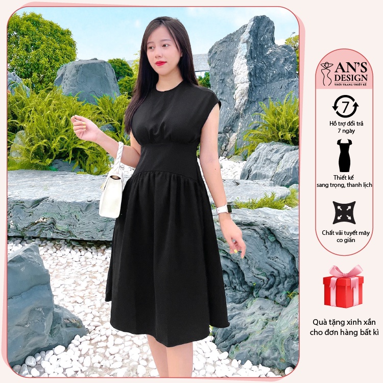 Đầm chiết eo dài màu đen vai đính ngọc full size - An's design AN005