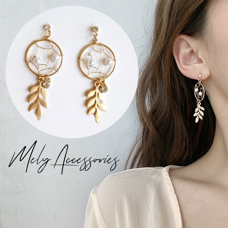 Bông tai dream catcher cách điệu hình lá mạ vàng phong cách vintage dành cho nữ - Mely D79