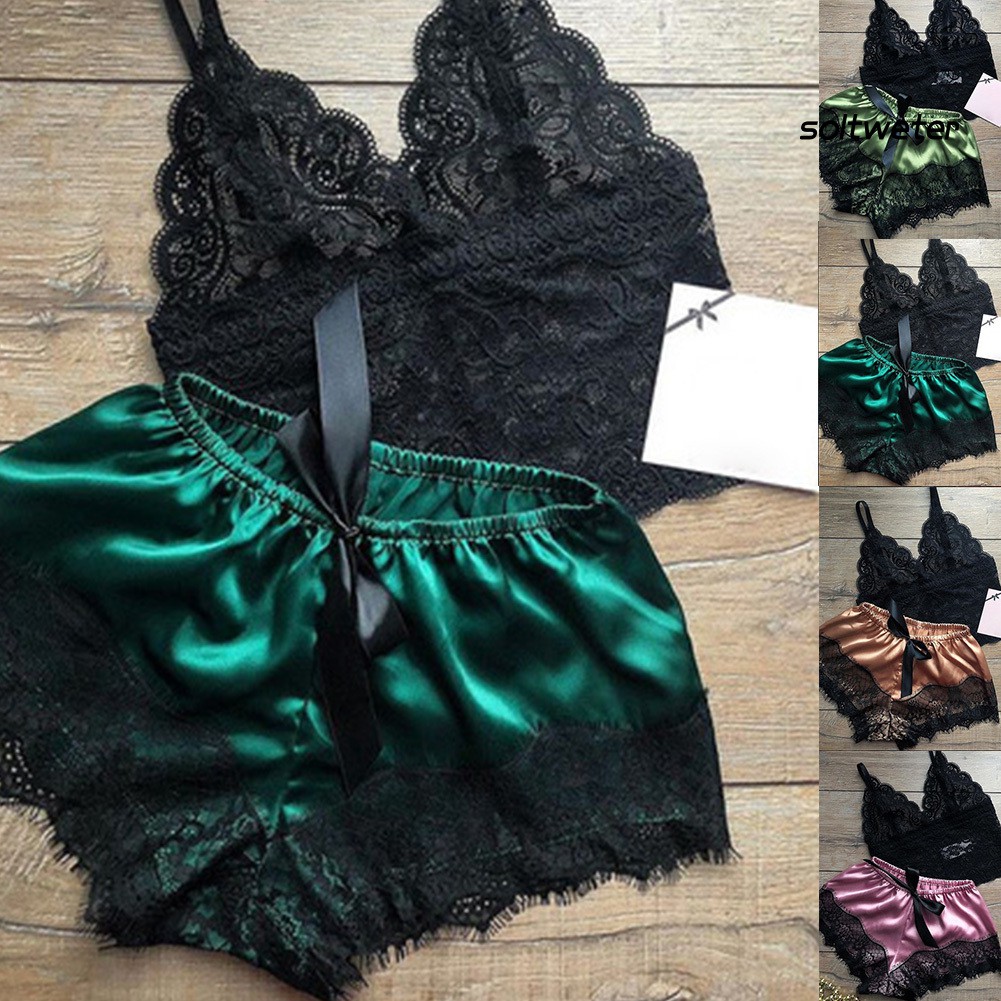 Set đồ ngủ 2 món bằng vải satin phối ren quyến rũ dành cho nữ