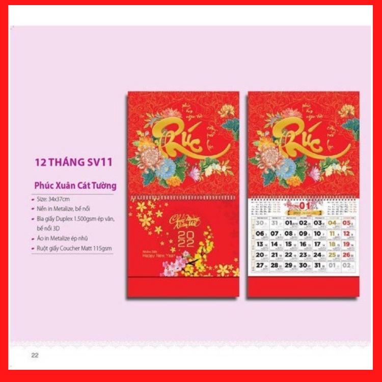 Lịch Treo Tường 2022 - Lịch Âm Dương 12 tờ 30x40cm mỗi tháng là 1 tờ, Lịch Tết 2022 NHÂM DẦN