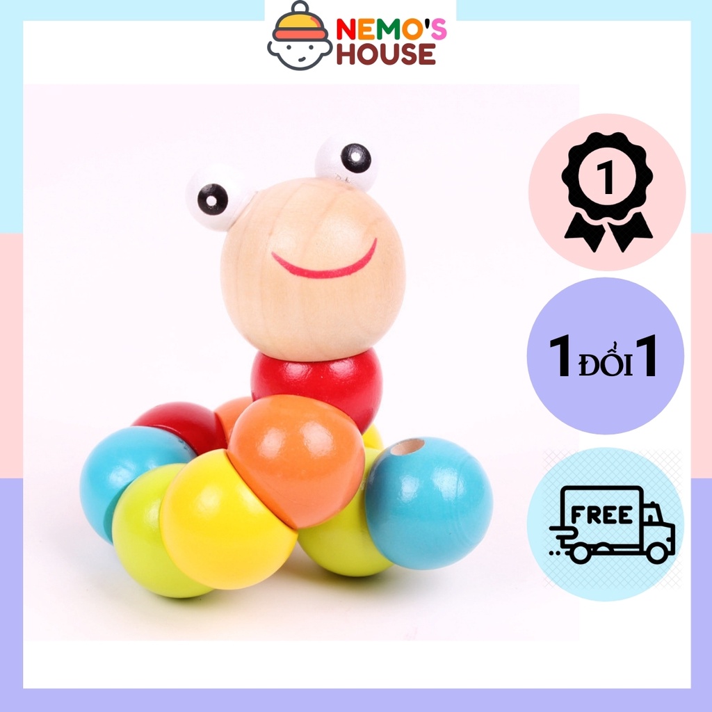 Đồ chơi con sâu bằng gỗ uốn dẻo, đồ chơi gỗ giáo dục sớm nhiều màu sắc cho bé giúp bé phát triển thông minh