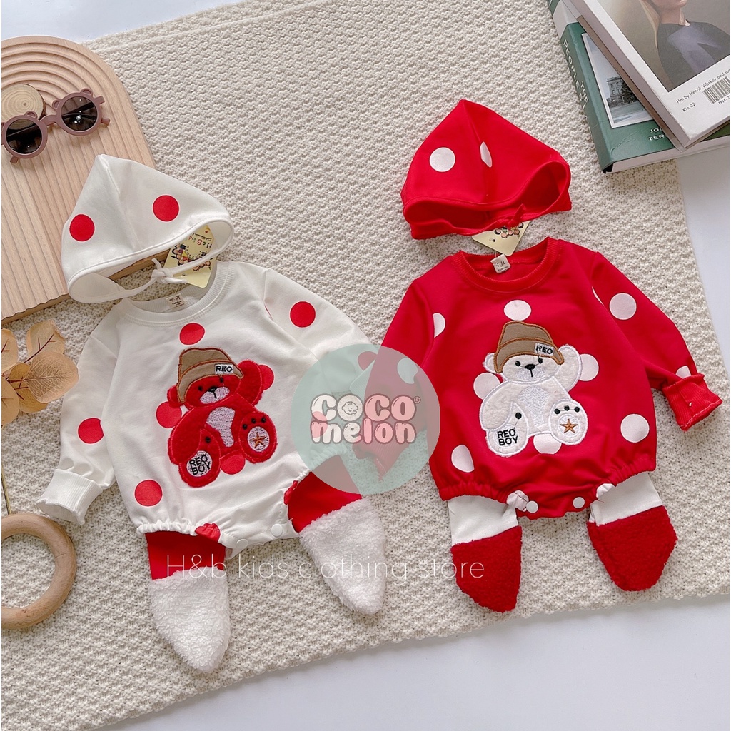 Bộ Dài Tay Body Kèm Mũ Cho Bé Trai Bé Gái, Màu Đỏ Mặc Noel và Tết, Set 3 Chi Tiết Quần Tất Bàn Lông, Mũ, Body Nỉ Da Cá