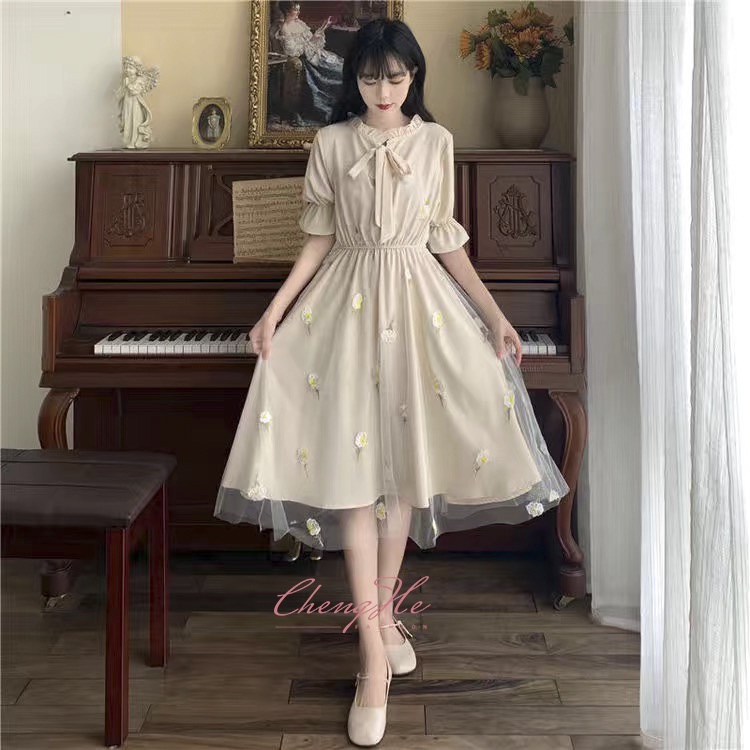 Váy công chúa tiểu thư cổ bèo ulzzang dáng dài xòe màu xanh lá phong cách retro vintage dự tiệc mã V00345