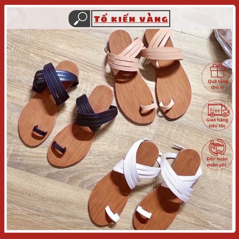 Dép Sandal kẹp ngón quai chéo đế vân gỗ tiểu thư, sandal xỏ ngón chiến binh Tổ Kiến Vàng L050