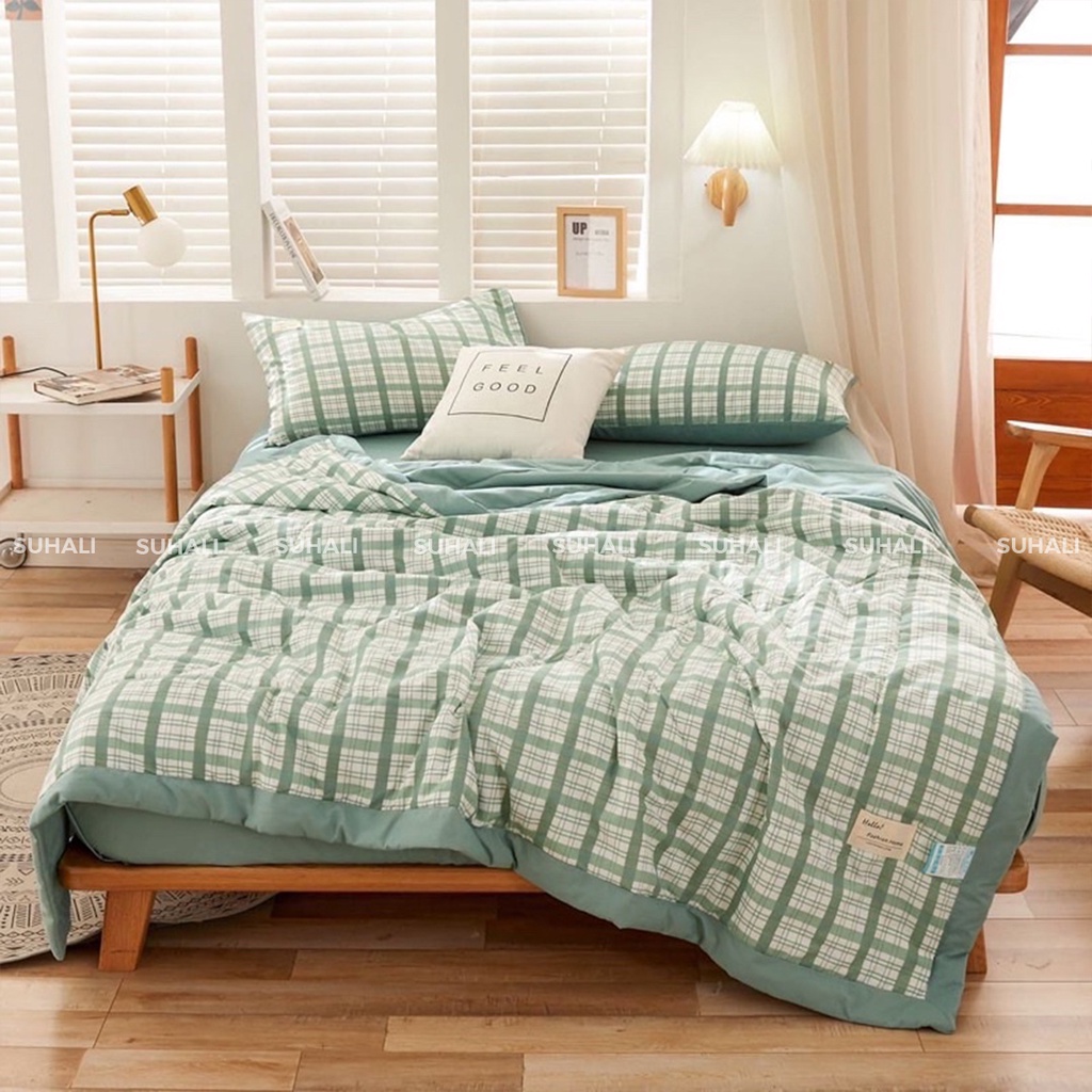 Bộ chăn ga giường cotton tici SUHALI họa tiết kẻ gồm mền chần bông, ga giường và 2 vỏ gối