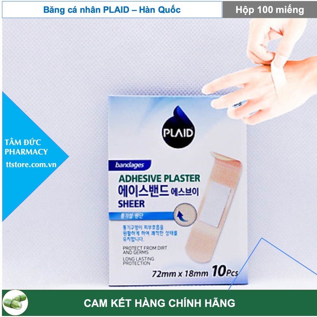 Băng cá nhân Plaid (Hộp 100 miếng) - Băng cá nhân Hàn Quốc siêu dính ACE BAND-S