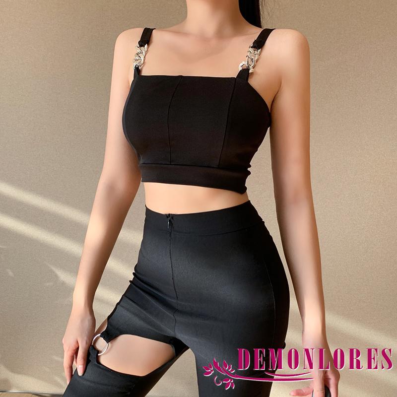 Áo croptop hai dây bản rộng phối dây kim loại cổ vuông màu trơn