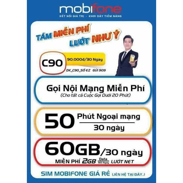 Sim 4G mobifone C90 data 60GB gọi nội mạng ,50 phút gọi khác mạng miễn phí
