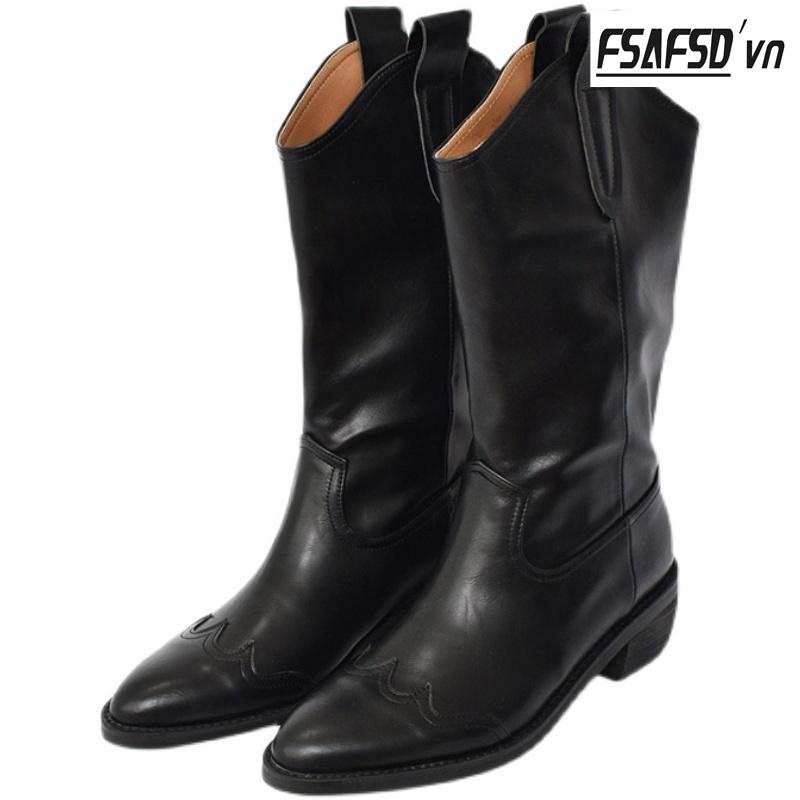 Giày Bốt Cao Bồi Bằng Da Thật Mũi Nhọn Gót Dày Vừa Vặn Phong Cách Cao Bồi Phương Tây Cho Nữ