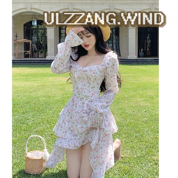 Đầm floral công chúa dài tay đuôi cá tầng bèo ngực Korea ulzzang - u.w