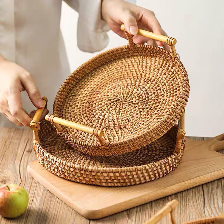 Khay mây tròn đựng bánh mỳ, đựng đồ ăn, khay đựng đồ picnic decor chụp ảnh đẹp mắt [TẶNG KÈM GIẤY LÓT]