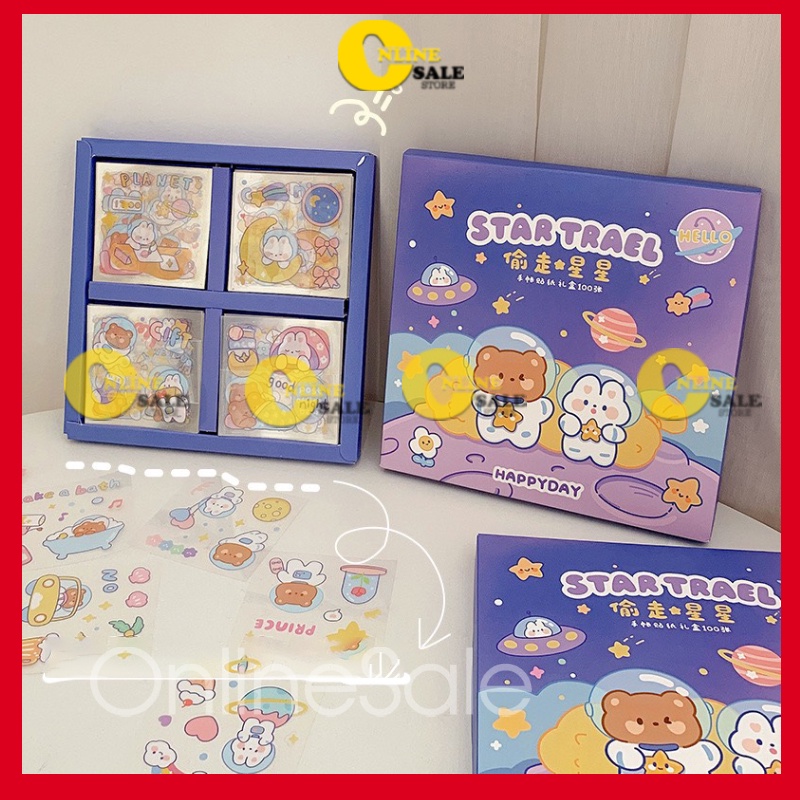 Bộ 1000 sticker dễ thương dán trang trí sổ điện thoại cốc laptop.có hộp đựng đi kèm(1000 hình dán trên 100ô vuông)