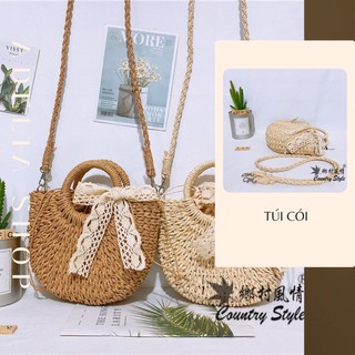 Túi Cói Đi Biến Handmade Cực Xinh, Túi Cói Vintage Đính Nơ Dây Có Thể Tháo Rời