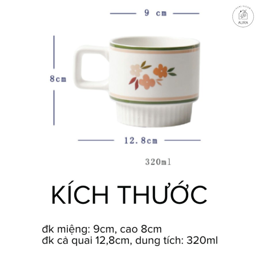 Cốc sứ, Cốc trà cốc nước uống cốc cà phê bằng sứ tráng men hoạ tiết vẽ tay 320ml