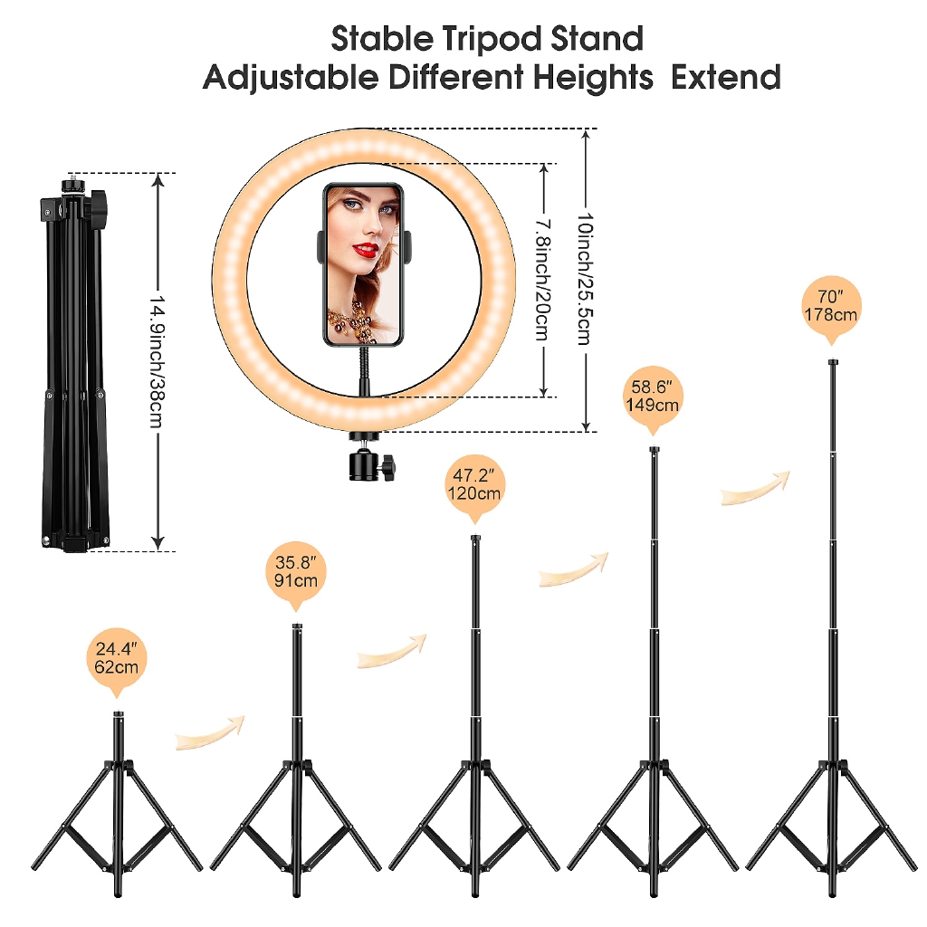 For Youtube Video Studio 10 inch Dimmable 3 Light Modes LED Ring Lamp Selfie Light +1.78 Tripod +Mini Metal Tripod Photography Video Makeup Fill light