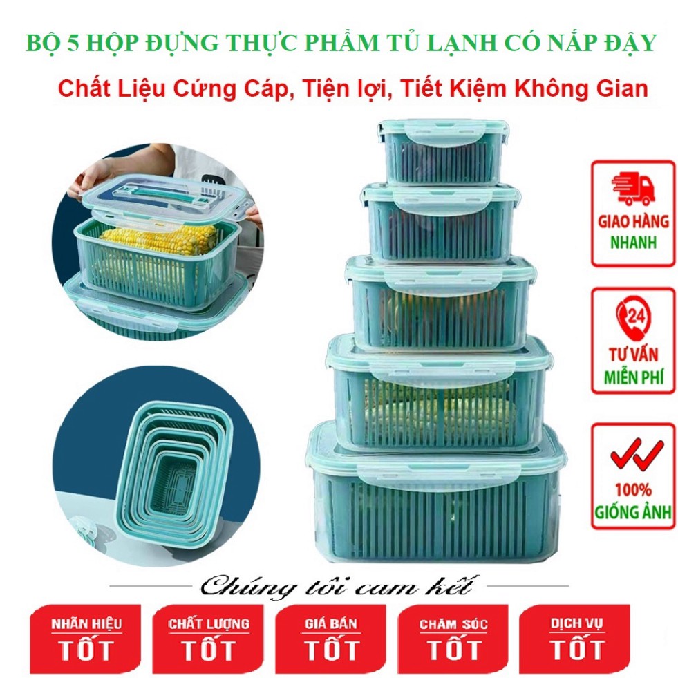 BỘ 5 HỘP ĐỰNG ĐỒ, THỰC PHẨM TỦ LẠNH 2 NGĂN CÓ NẮP ĐẬY CAO CẤP ( SIÊU GIÁ RẺ ) ]