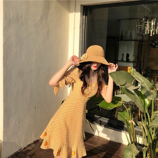 Đầm sọc ca rô vàng trái cam