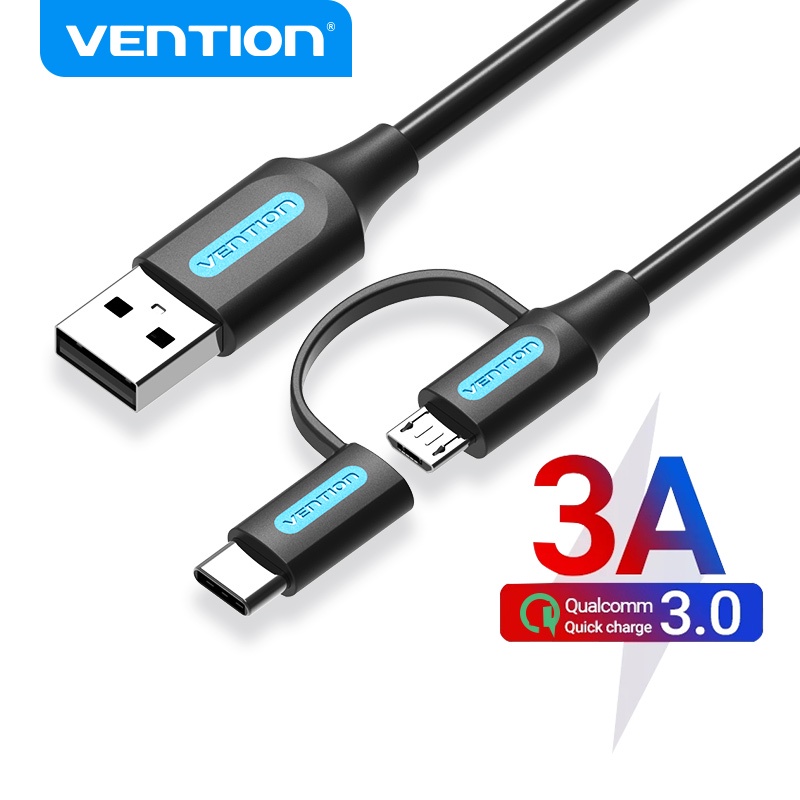 Dây cáp vention loại C thiết kế 2 trong 1 cổng USB 2.0 3A USB C/Micro B sạc nhanh 480Mbps cho điện thoại