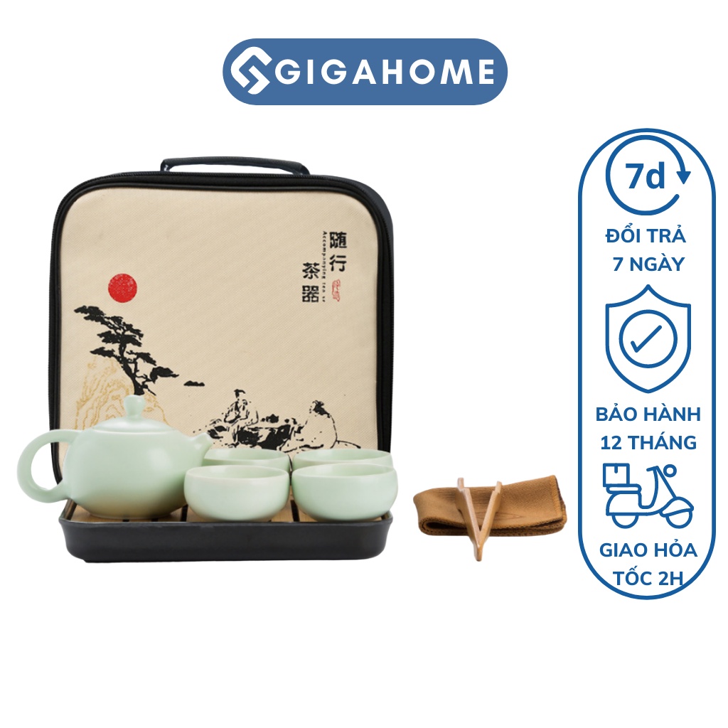 Bộ Ấm Pha Trà Gốm Sứ 4 Chén Du Lịch Tráng Men GIGAHOME Cao Cấp Kèm Khay, Kẹp, Túi Đựng 9984