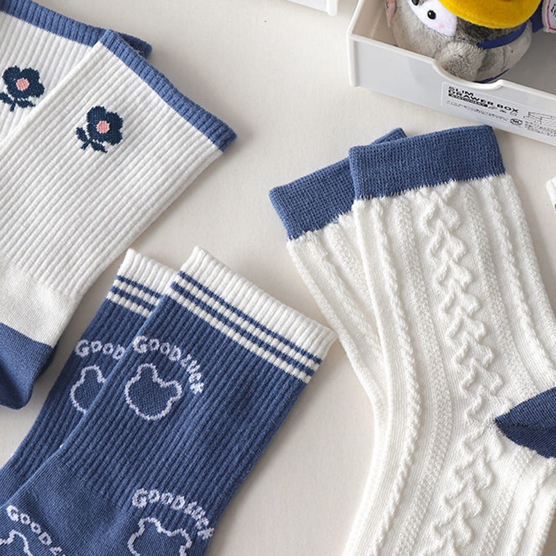 Vớ cotton dài màu xanh dương kẻ sọc đơn giản thấm hút mồ hôi phong cách Nhật Bản thời trang mùa thu cho nữ JP5