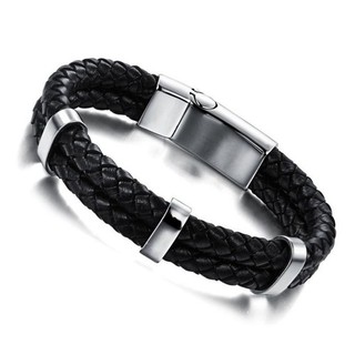 Vòng tay nam dây da thép titan không đen tt 2266