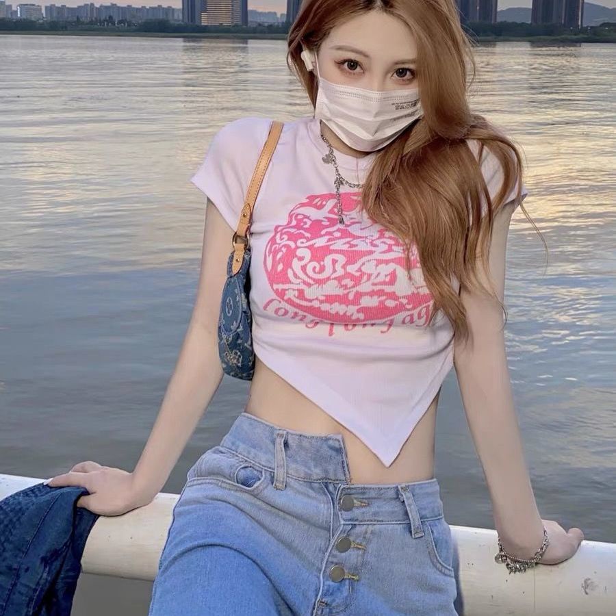 Jiashucheng Áo Thun Ngắn Tay Lưng Cao Thời Trang Mùa Hè Phong Cách Pháp Cho Nữ