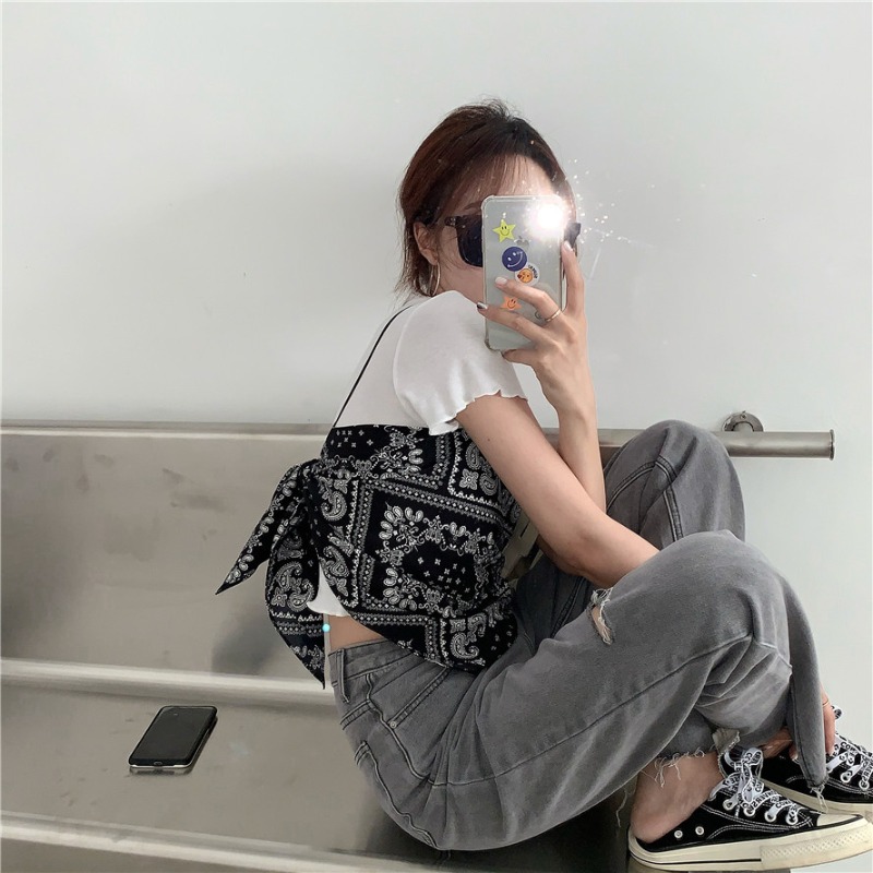 Áo hai dây in họa tiết dáng rộng/áo thun tay ngắn thời trang cho nữ