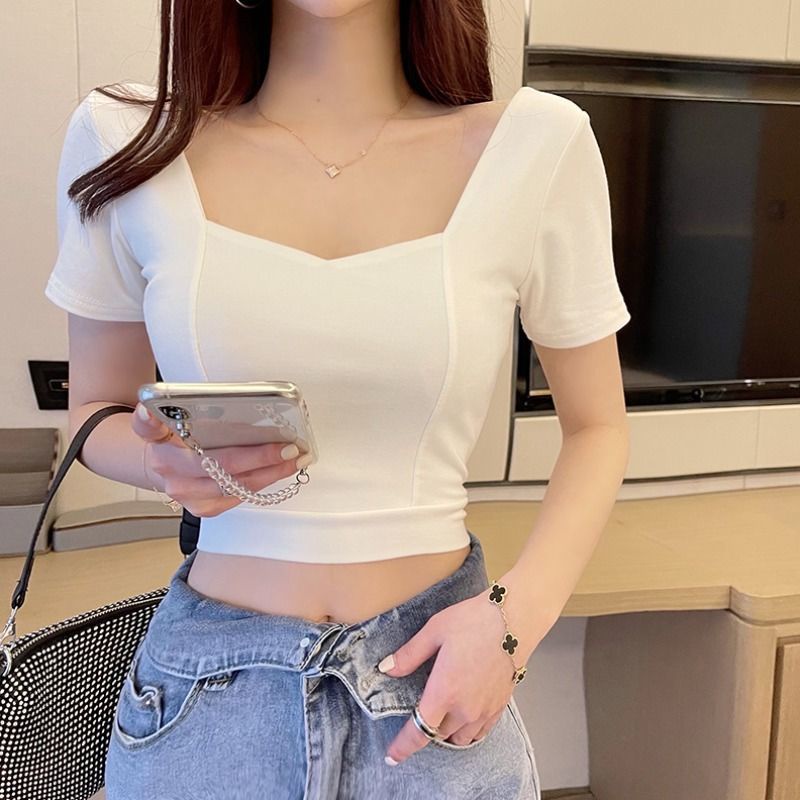 Áo Thun COZOK Ngắn Tay Cổ Vuông Màu Trơn Dáng Ôm Thời Trang Trẻ Trung