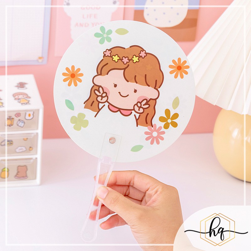 Quạt nhựa cầm tay mini hình tròn loại đẹp  nhiều họa tiết phong cách Hàn Quốc du lịch đi học đi chơi