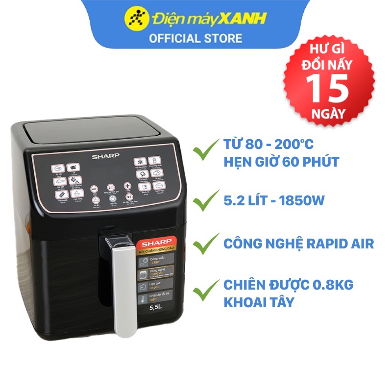 [Mã ELHADEV giảm 4% đơn 300K] Nồi chiên không dầu Sharp KF-AF55EV-BK 5.2 lít