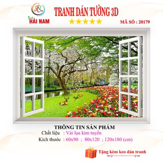 Tranh dán tường 3D phong cảnh hoa- cửa sổ - vải lụa kim tuyến