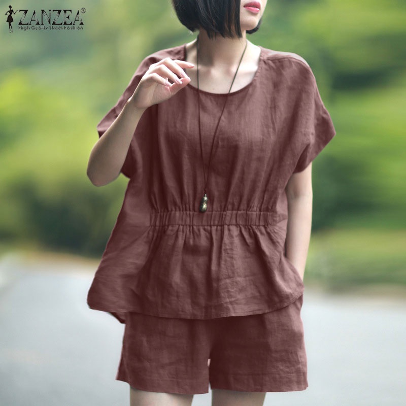 Bộ 2 món Zanzea với áo thun tay ngắn dáng rộng phối túi màu trơn cá tính cho nữ