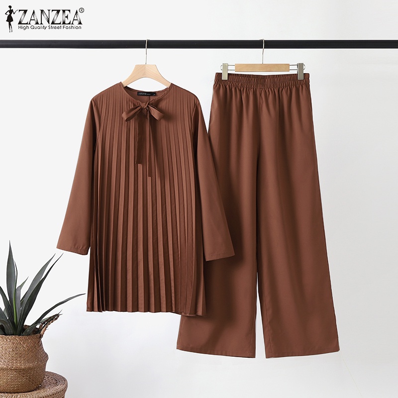 Bộ đồ hồi giáo ZANZEA gồm áo tay dài cổ buộc dây và quần ống rộng eo cao xếp ly thanh lịch cho nữ