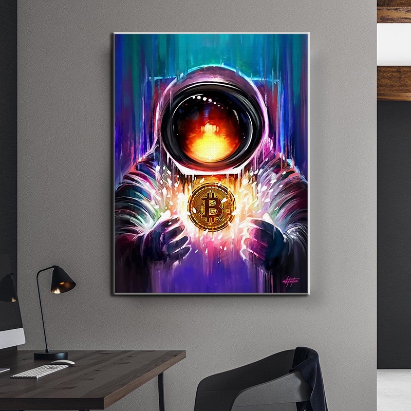 Tranh Vải Bạt Treo Tường In Hình Bitcoin Spaceman Truyền Cảm Hứng Trang Trí Nhà Cửa / Văn Phòng