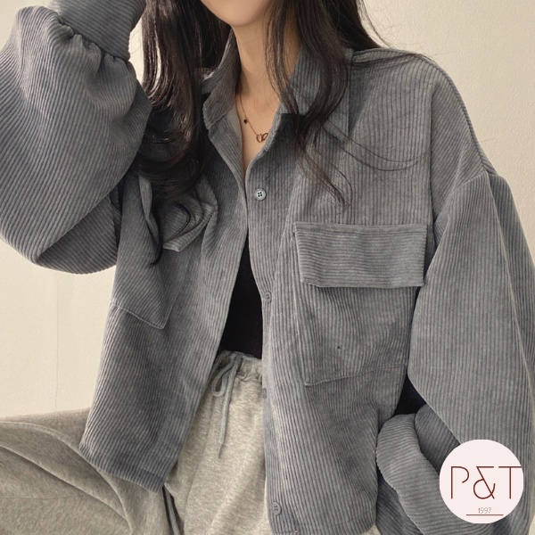 Áo sơ mi nhung nữ croptop tay phồng, Áo khoác sơ mi nữ tay dài dáng rộng thời trang