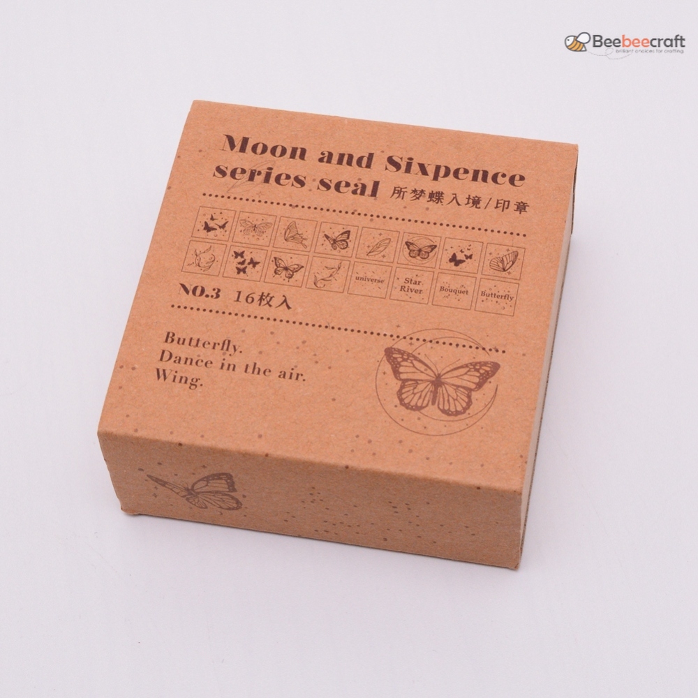 Beebeecraft 1 Box Wooden Stamps with Rubber Square Butterfly Pattern 20x20x35mm 16pcs/box for DIY Jewelry Making