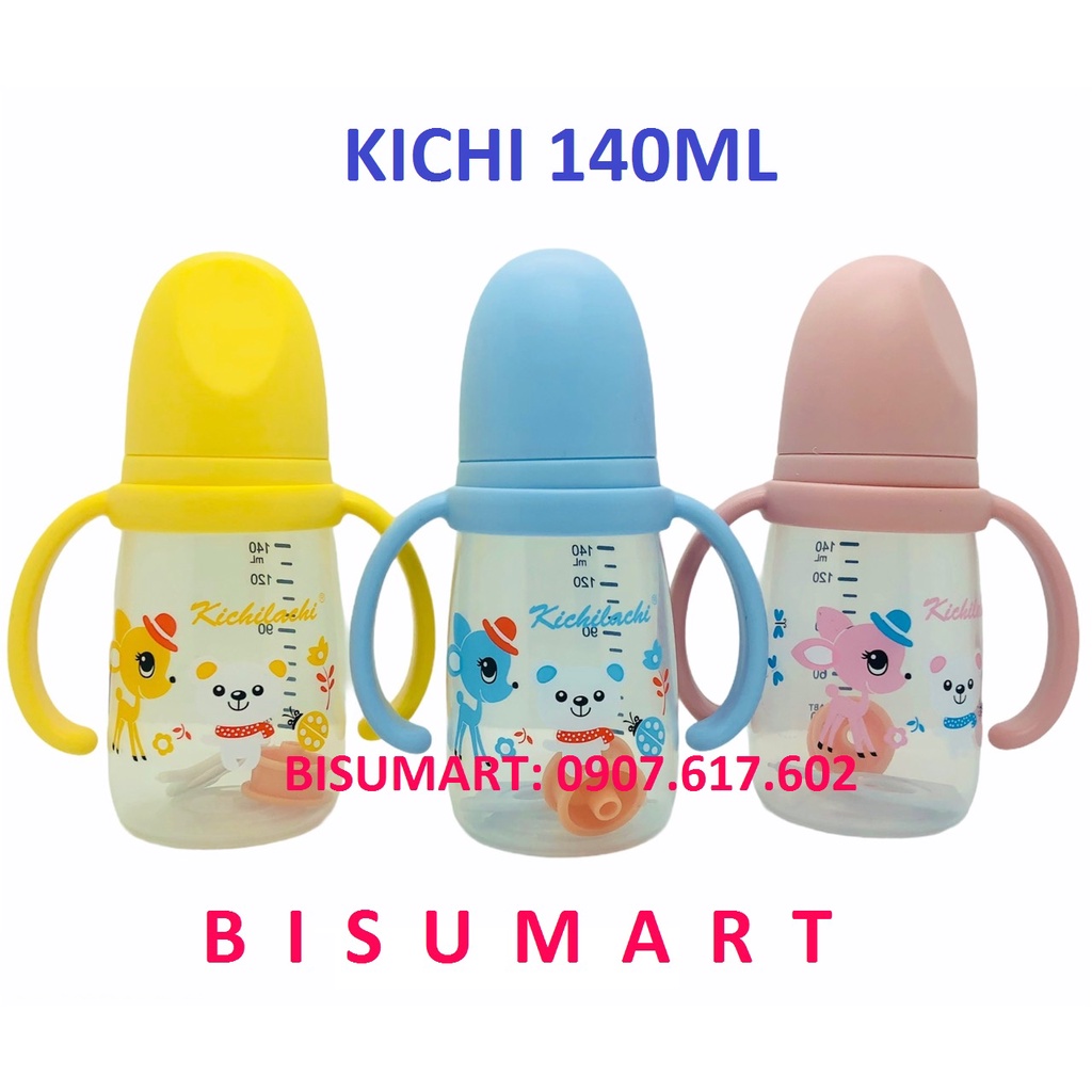 Bình Sữa cổ hẹp KICHI có quai cầm nhựa PP không BPA 140ml / 200ml / 260ml