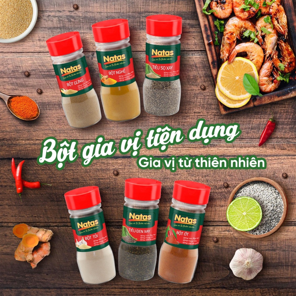 Combo gia vị tiện dụng Natas: Bột hành hũ 60g + Ớt vảy hũ 50g + Sả vảy hũ 40g